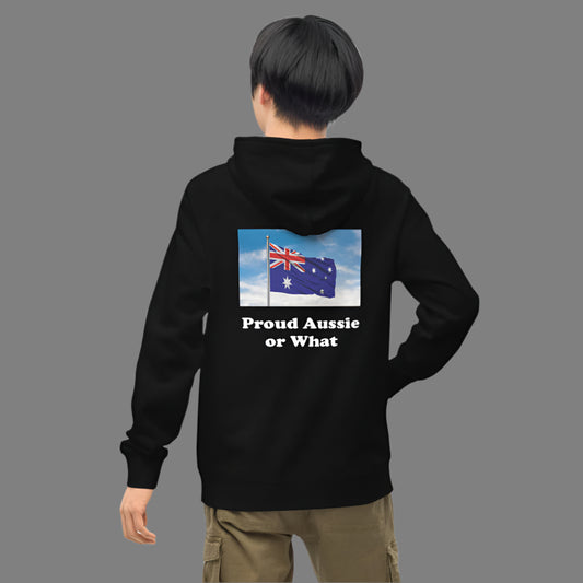 "Proud Aussie" Unisex kangaroo pocket hoodie with the Australian Flag